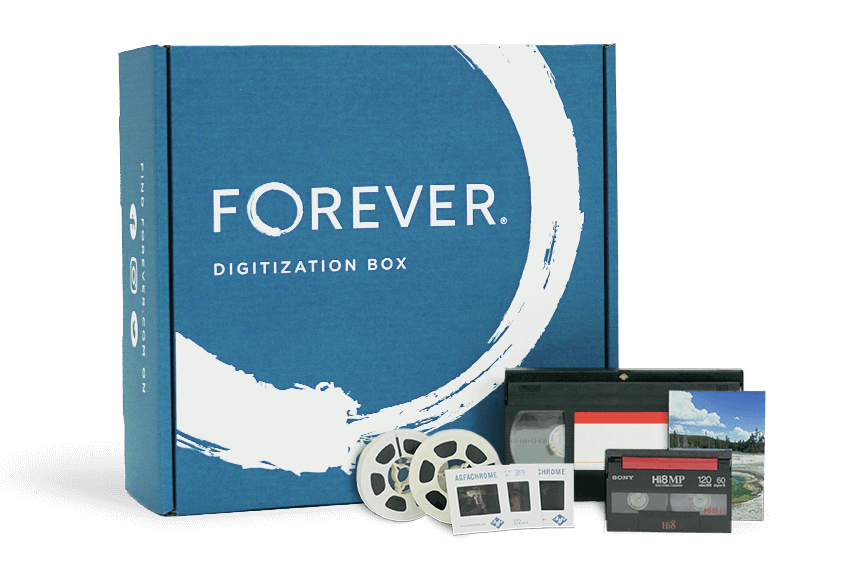 A Small FOREVER box with some media to be digitized and a tablet showing the end result.