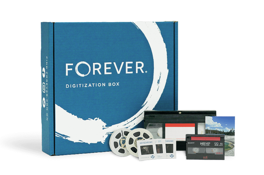 A Small FOREVER box with some media to be digitized and a tablet showing the end result.