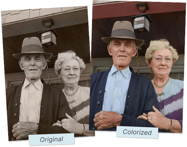 Side-by-side comparison of an old couple, with the original black-and-white photo on the left and the colorized version on the right.